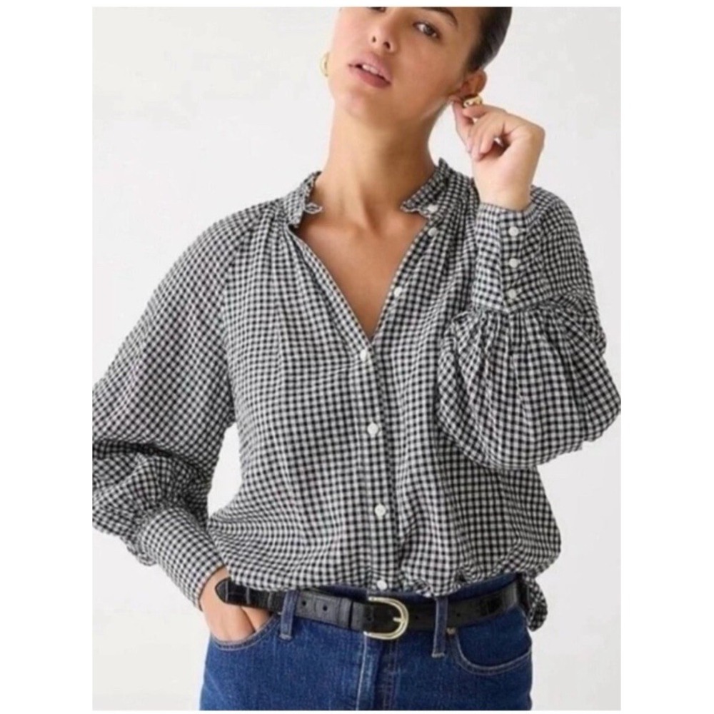J.Crew Ruffle Neck Gingham Blouse SZ 6 Black White Raglan Puff Sleeve Minimalist